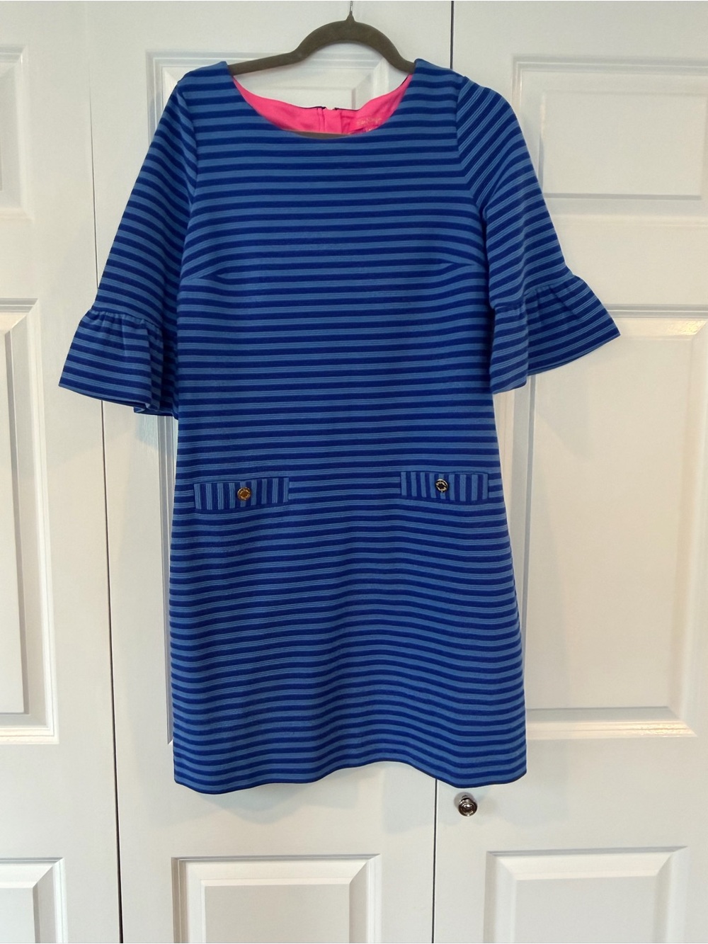Lilly Pulitzer Blue Striped Shift Dress with Pink Neckline